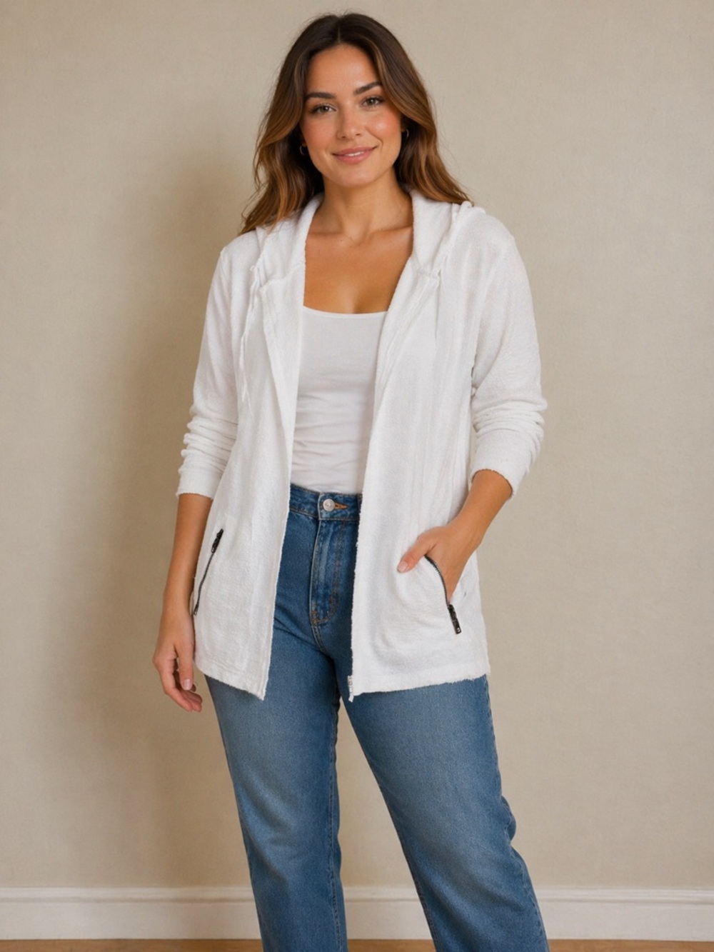 ANTHROPOLOGIE Saturday Sunday White Hooded Textured Knit Jacket. Size Large EUC